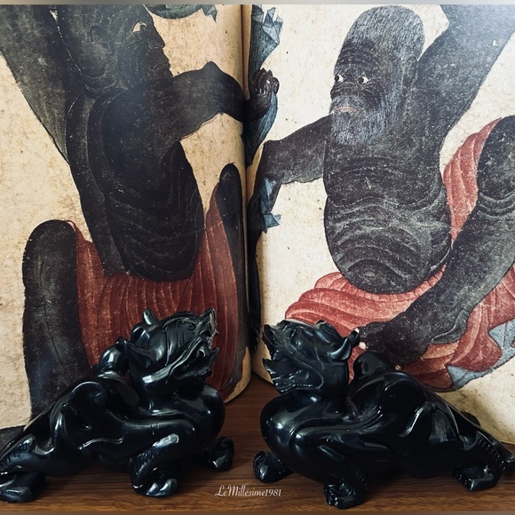 Vintage Volcanic Black Stone Foo DogsFeng Shui Wealth Guardians